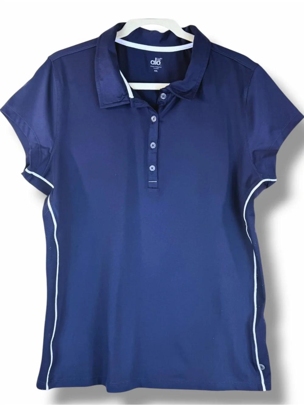 ALO Sport CoolFit Performance Polo Navy Blue White Short Sleeve Size XXL